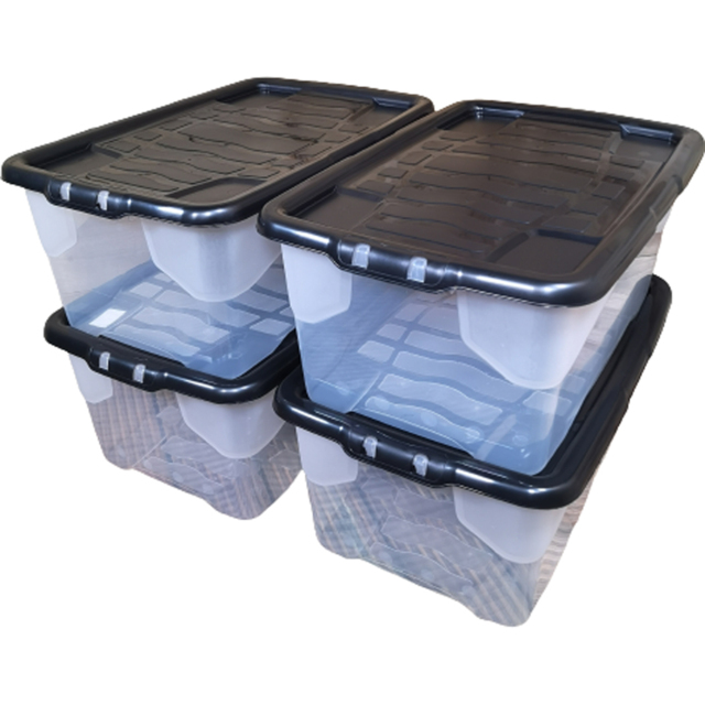 Samuel Alexander 42L Clear Stackable Storage Box with Black Lid 4 Pack - Size: 39 x 60 x 26cm - White - Wilko - image 1