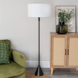 ValueLights Mitch White Drum Lamp Shade Black Wood Stem Triangle LED Floor Lamp - Size: 131.5 x 55 x 55cm - Wilko - thumbnail 4