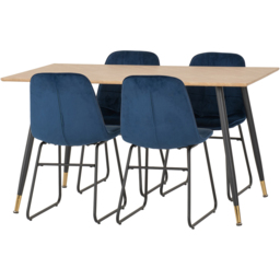 Seconique Hamilton Lukas Oak Effect Velvet 4 Seater Dining Table Set Sapphire Blue - Multi - Wilko - thumbnail 4