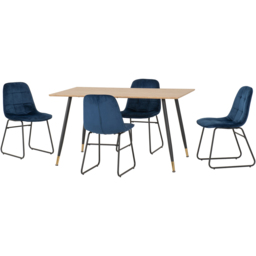 Seconique Hamilton Lukas Oak Effect Velvet 4 Seater Dining Table Set Sapphire Blue - Multi - Wilko - thumbnail 3