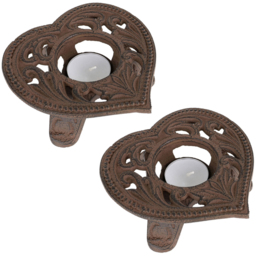 Dibor Antique Brown Cast Iron Heart Tealight Candle Holder 2 Pack - Size: 4 x 13 x 13cm - Wilko