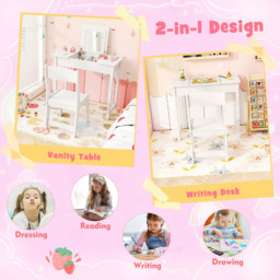 Costway 2 Drawer Single Shelf White 2 in 1 Kids Vanity Table Set with Flip Top Mirror - Size: 70 x 34 x 61cm - Wilko - thumbnail 7