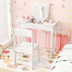 Costway 2 Drawer Single Shelf White 2 in 1 Kids Vanity Table Set with Flip Top Mirror - Size: 70 x 34 x 61cm - Wilko
