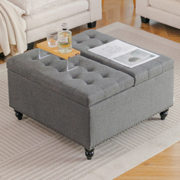 Living and Home Grey Square Linen Upholstered Lift Top and Flip Storage Ottoman - Size: 78 x 81.5 x 81.5cm - Wilko - thumbnail 1