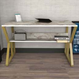 Decorotika Wake Single Shelf Computer Desk White Marble Effect and Gold - Size: 72.8 x 120 x 60cm - Multi - Wilko