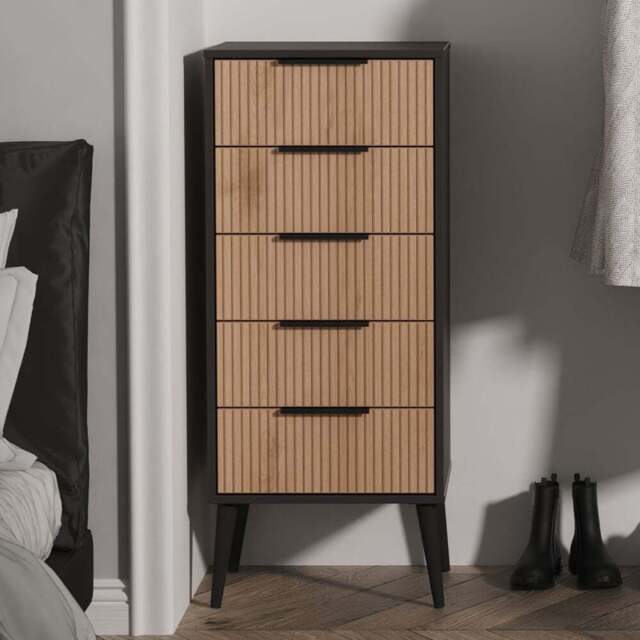 Crowndale Hong Kong 5 Drawer Slatt Effect and Graphite Tall Bedside Cabinet Ready Assembled - Slatt Effect & Graphite - Wilko - image 1