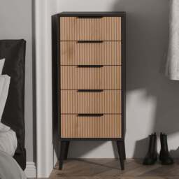 Crowndale Hong Kong 5 Drawer Slatt Effect and Graphite Tall Bedside Cabinet Ready Assembled - Slatt Effect & Graphite - Wilko - thumbnail 1