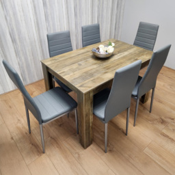 Portland 6 Seater Dining Set Rustic Effect and Grey Leather - Multi - Wilko - thumbnail 1