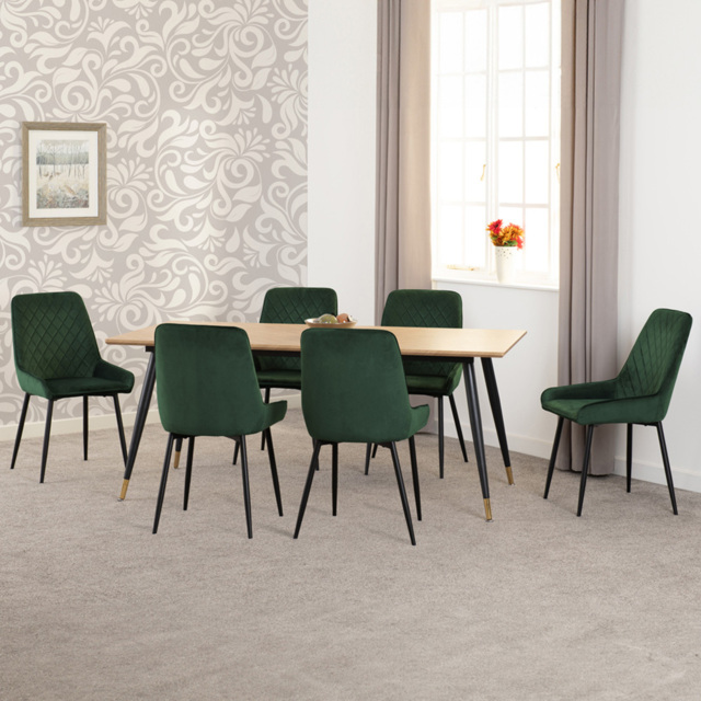 Seconique Hamilton Avery Oak Effect Velvet 6 Seater Dining Table Set Emerald Green - Multi - Wilko - image 1