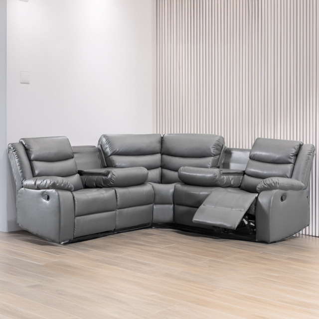 Portland Washington 5 Seater Grey Leather L Shape Recliner Sofa with Drink Tray - Wilko - image 1