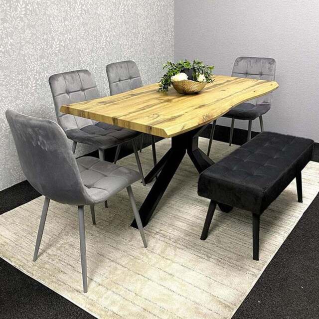 Portland 6 Seater Grey and Black MDF Dining Set with Velvet Chairs and Bench - Multi - Wilko - image 1