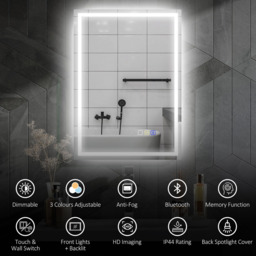 HOMCOM Rectangle Bluetooth Frameless LED Bathroom Mirror with Demister Pad 50 x 70cm - Size: 50 x 3.5 x 70cm - Silver - Wilko - thumbnail 5