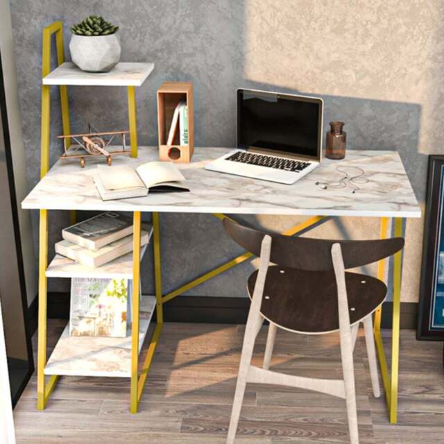 Decorotika Admira Gold and White Marble Effect Modern Computer Desk - Size: 120 x 120 x 60cm - Multi - Wilko - image 1