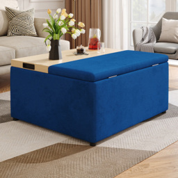 H&O Direct Velvet Upholstered Storage Ottoman Coffee Table - Size: 41 x 82 x 71.5cm - Blue - Wilko