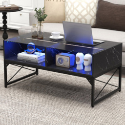 Costway 4 Shelf Black Faux Marble Tempered Glass LED Coffee Table - Size: 119 x 65 x 14cm - Wilko