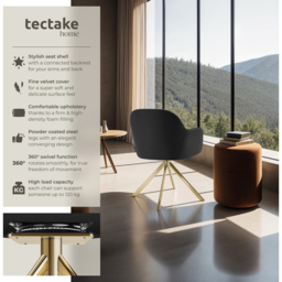 tectake Lona Set of 2 Black and Gold Velvet Upholstered Swivel Armchair - Size: Single - Wilko - thumbnail 7