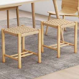 Costway Woven Paper Rubber Wood Frame Dining Stool Set of 2 - Size: 53 x 41 x 33cm - Cream - Wilko