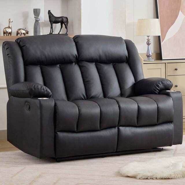 Artemis Home Sheridan 2 Seater Black Leather Manual Recliner Sofa with Cup Holders - Wilko - image 1
