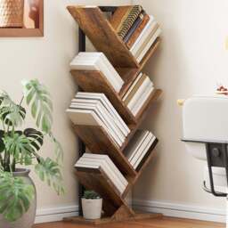 HOMCOM 6 Shelf Rustic Brown Steel Frame Tree Bookshelf - Size: 109 x 24 x 50cm - Wilko - thumbnail 1
