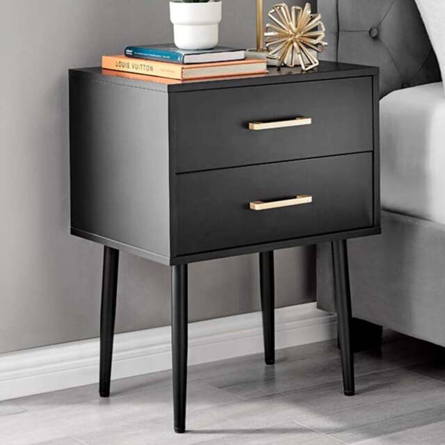 Furniturebox Tyler 2 Drawer Black and Gold Small Bedside Table - Wilko - image 1