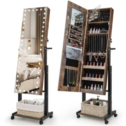 Costway Brown LED Full Length Mirror Jewellery Armoire - Size: 135 x 46cm - Wilko - thumbnail 4