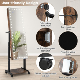 Costway Brown LED Full Length Mirror Jewellery Armoire - Size: 135 x 46cm - Wilko - thumbnail 7