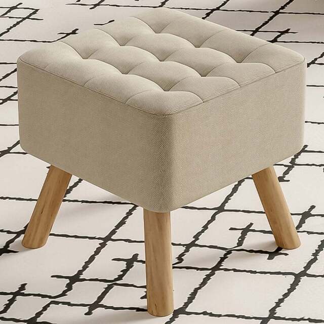Living and Home Beige Linen Fabric Padded Wooden Leg Footstool - Size: 40 x 39.5 x 39.5cm - Cream - Wilko - image 1
