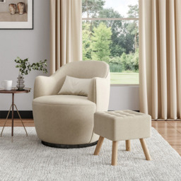 Living and Home Beige Linen Fabric Padded Wooden Leg Footstool - Size: 40 x 39.5 x 39.5cm - Cream - Wilko - thumbnail 3