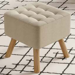 Living and Home Beige Linen Fabric Padded Wooden Leg Footstool - Size: 40 x 39.5 x 39.5cm - Cream - Wilko - thumbnail 1