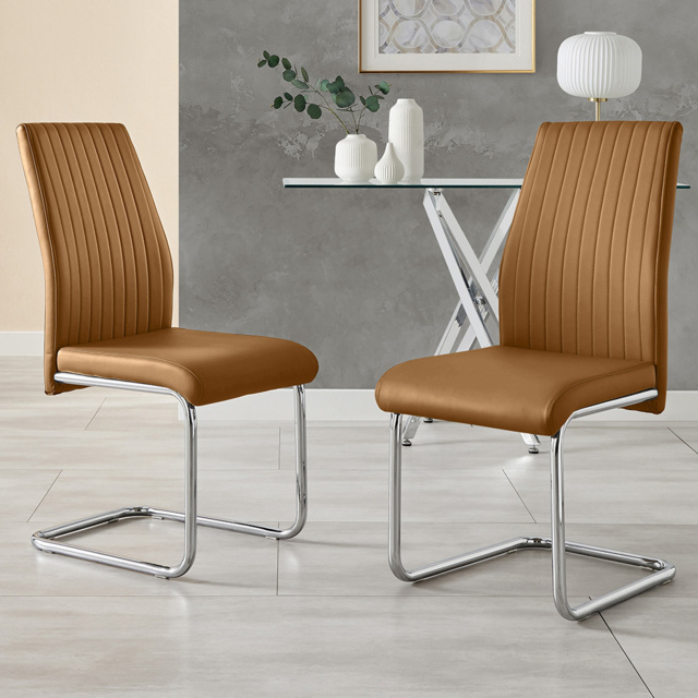 Furniturebox Fontana Set of 2 Tan and Silver Faux Leather Dining Chair - Brown - Wilko - image 1