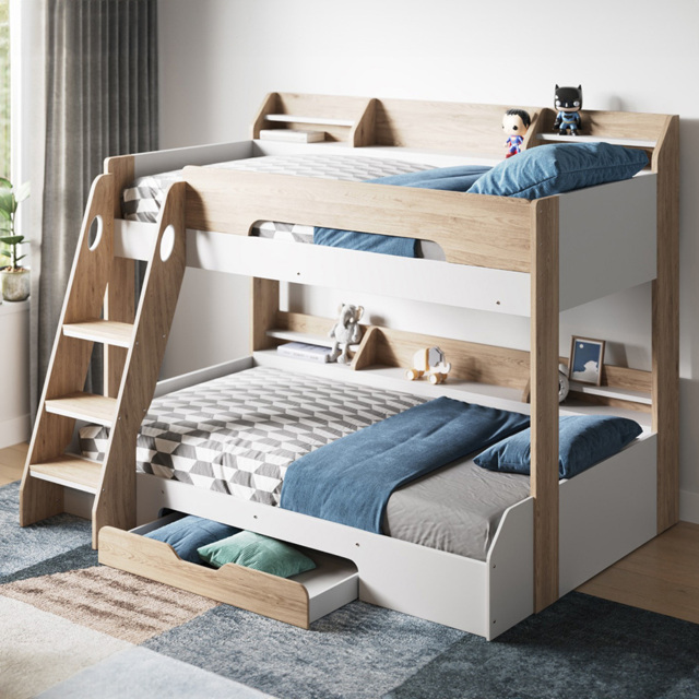 Flair Flick Triple Sleeper Oak Single Drawer Wooden Bunk Bed with Shelves - Size: Single + Small Double - Brown - Wilko - image 1