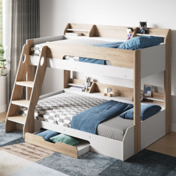 Flair Flick Triple Sleeper Oak Single Drawer Wooden Bunk Bed with Shelves - Size: Single + Small Double - Brown - Wilko