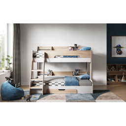 Flair Flick Triple Sleeper Oak Single Drawer Wooden Bunk Bed with Shelves - Size: Single + Small Double - Brown - Wilko - thumbnail 3