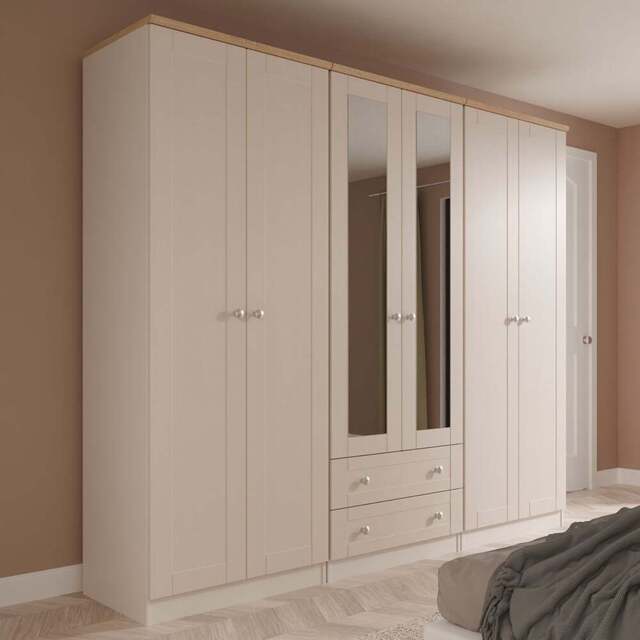 Crowndale Sussex 6 Door 2 Drawer Kashmir Ash and Bardolino Oak Tall Mirror Wardrobe Ready Assembled - Kashmir Ash & Bardolino Oak - Wilko - image 1