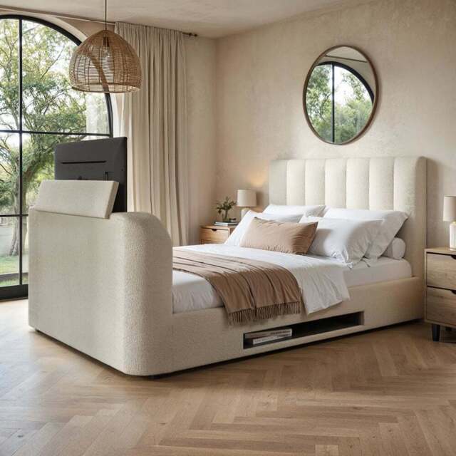 Flair Megane Double Cream Boucle Side Lift Ottoman Bed with TV Bracket - Wilko - image 1