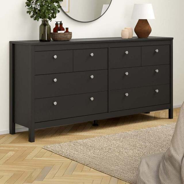 Florence Madrid 8 Drawer Matt Black Double Dresser - Wilko