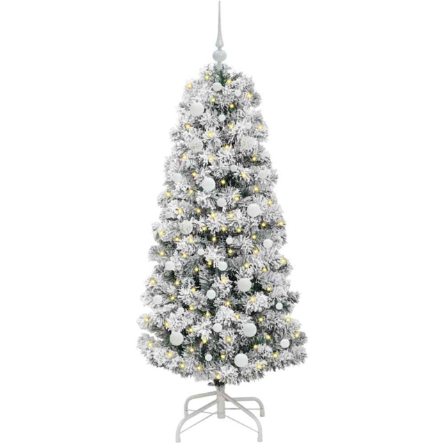 vidaXL Pre-Lit Warm White LED and White Baubles Snow Flocked Artificial Christmas Tree 4.9ft - Green - Wilko - image 1