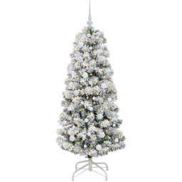 vidaXL Pre-Lit Warm White LED and White Baubles Snow Flocked Artificial Christmas Tree 4.9ft - Green - Wilko