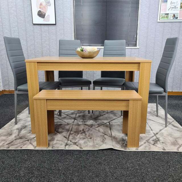 Kosy Koala 6 Seater Faux Leather Dining Bench Set Oak Effect and Grey - Multi - Portland - Wilko - image 1
