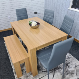 Kosy Koala 6 Seater Faux Leather Dining Bench Set Oak Effect and Grey - Multi - Portland - Wilko - thumbnail 6