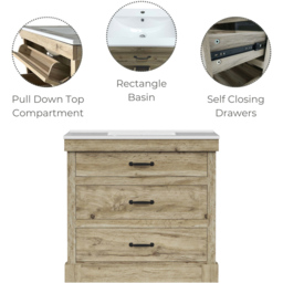 Teamson Home Donovan Single Door 2 Drawer Light Oak Vanity with White Sink - Size: 86.5 x 46.7 x 91.5cm - Brown - Wilko - thumbnail 4