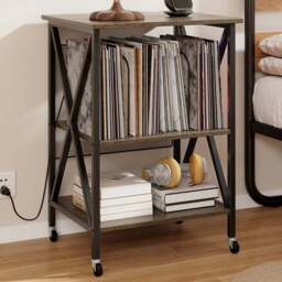 Costway 2 Shelf Grey Turntable Record Player Stand with Charging Station and Divider - Size: 52 x 45 x 75cm - Wilko