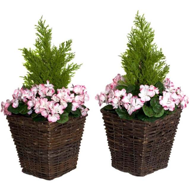 GreenBrokers Artificial Pink and White Geraniums Dark Rattan Planters 60cm 2 Pack - Size: 30 x 34 x 60cm - Multi - Wilko - image 1