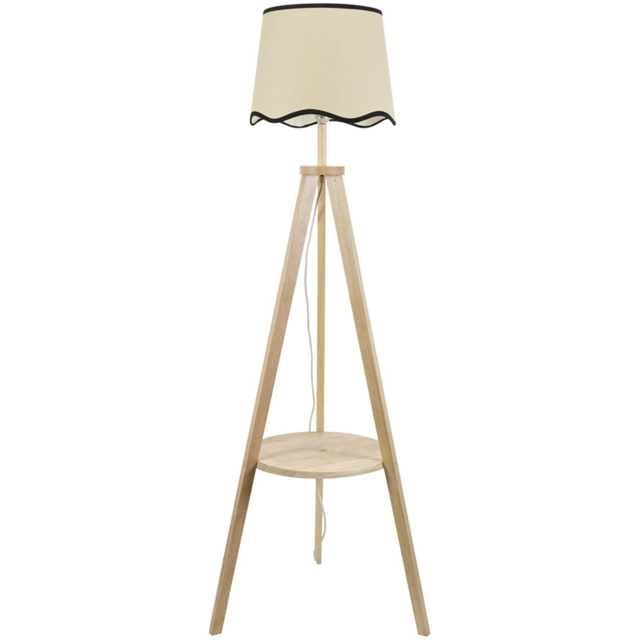 ValueLights Morrigan Natural Wood Shelf Black Trim Scallop Shade Tripod Floor Lamp with Bulb - Cream - Wilko - image 1