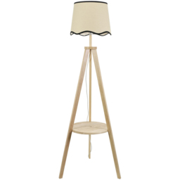 ValueLights Morrigan Natural Wood Shelf Black Trim Scallop Shade Tripod Floor Lamp with Bulb - Cream - Wilko - thumbnail 1