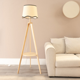 ValueLights Morrigan Natural Wood Shelf Black Trim Scallop Shade Tripod Floor Lamp with Bulb - Cream - Wilko - thumbnail 4