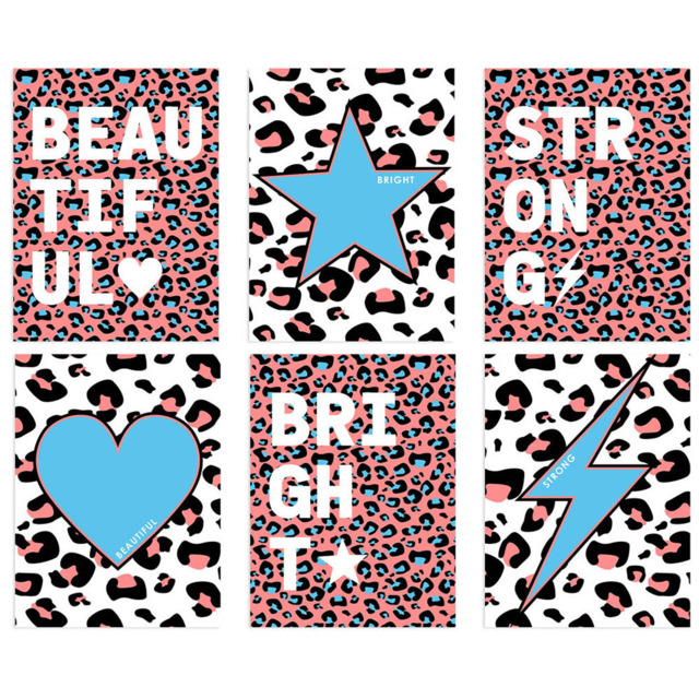 Wee Blue Coo Blue and Pink Leopard Pattern Bold Shapes Wall Art Print 30 x 41cm 6 Pack - Size: 40.5 x 30.5 x 0.3cm - Multi - Wilko - image 1