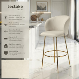 tectake Luana Cream and Gold Velvet Look Padded Bar Stool Set of 2 - Wilko - thumbnail 4