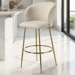 tectake Luana Cream and Gold Velvet Look Padded Bar Stool Set of 2 - Wilko