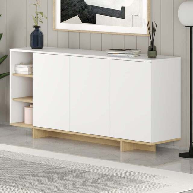 Decortie Stockton 3 Door White Sapphire Oak Sideboard - Size: 80 x 170 x 40cm - Cream - Wilko - image 1